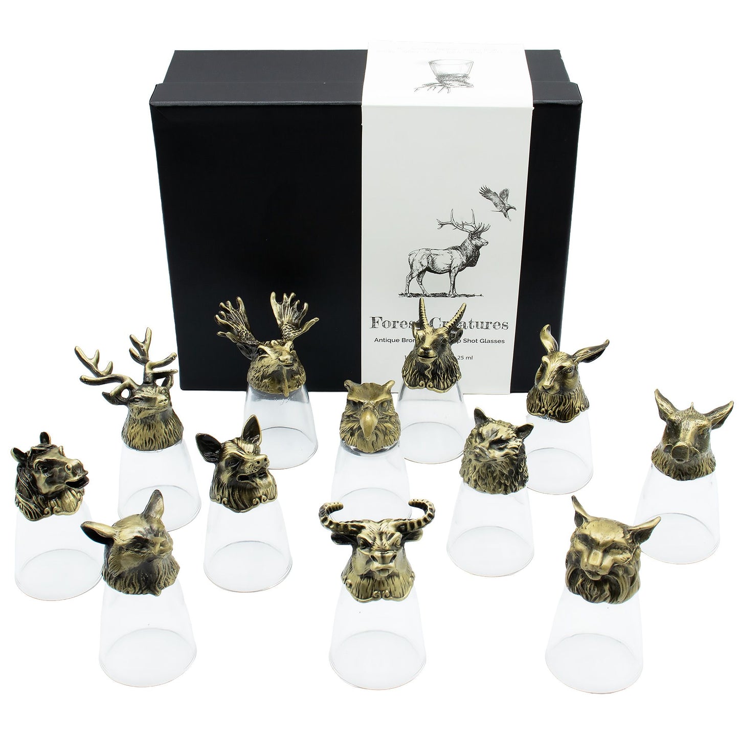 Conjunto de regalo de 12 vasos de chupito Bottom Up (25ml) - Bosque y Criaturas Místicas - Bronce Antiguo