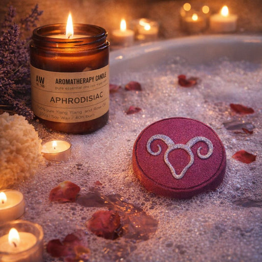 Aphrodisiac Aromatherapy Candle & Zodiac Bath Bomb Set - Aries Edition
