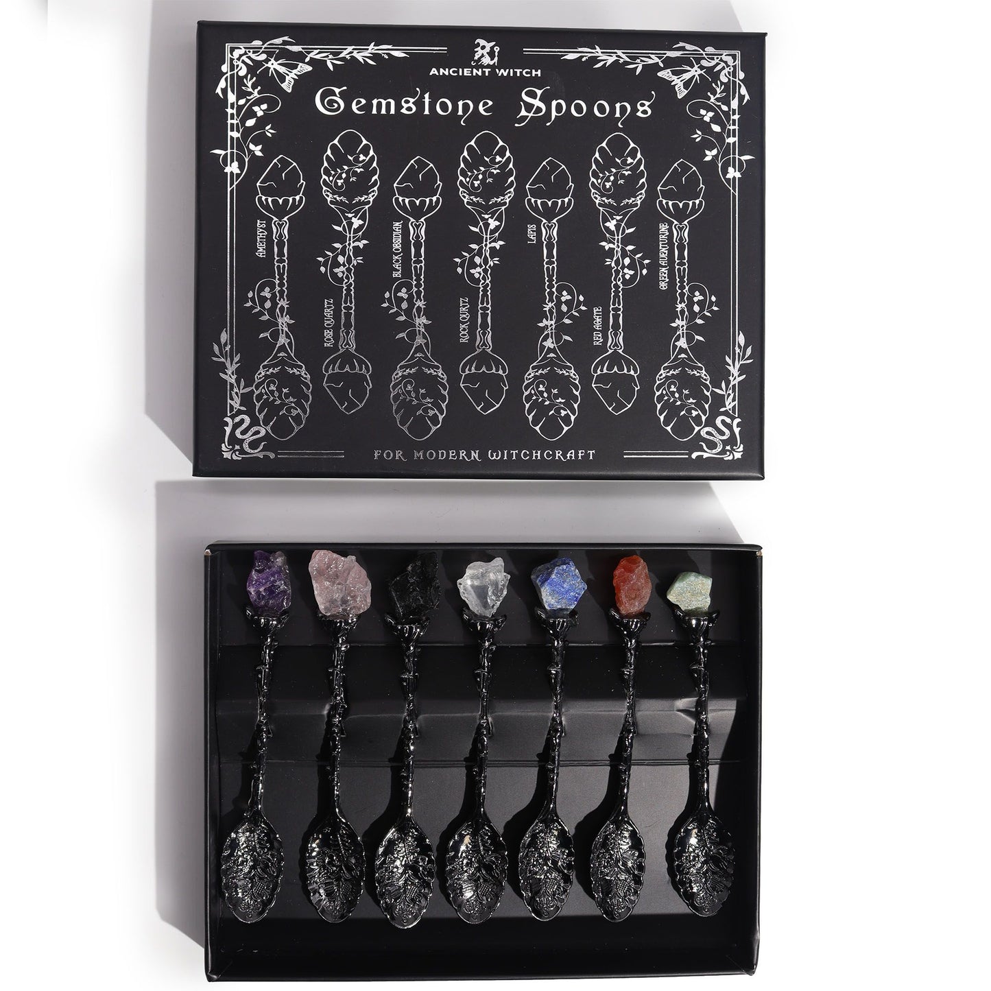 Juego de 7 Cucharas de Bruja de Cristal de Piedra Preciosa de Plata Oscura