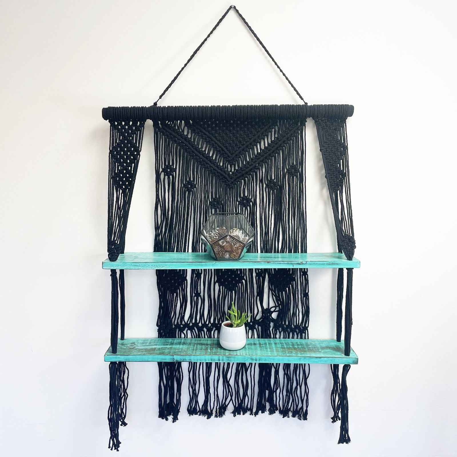 Estantes Colgantes de Macramé Negro - Turquesa