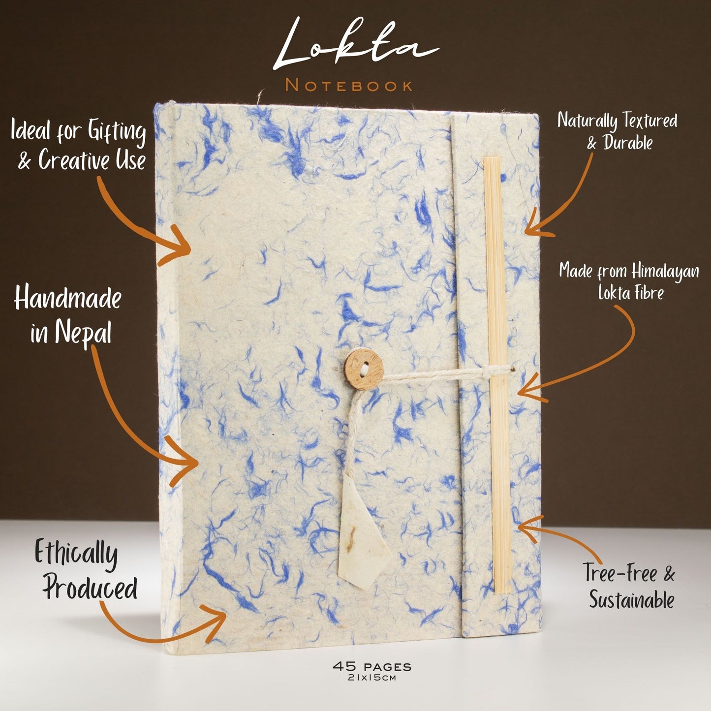 Cuaderno de algodón azul mixto Lokta grande (21x15cm) - 45 hojas - incluye marcador
