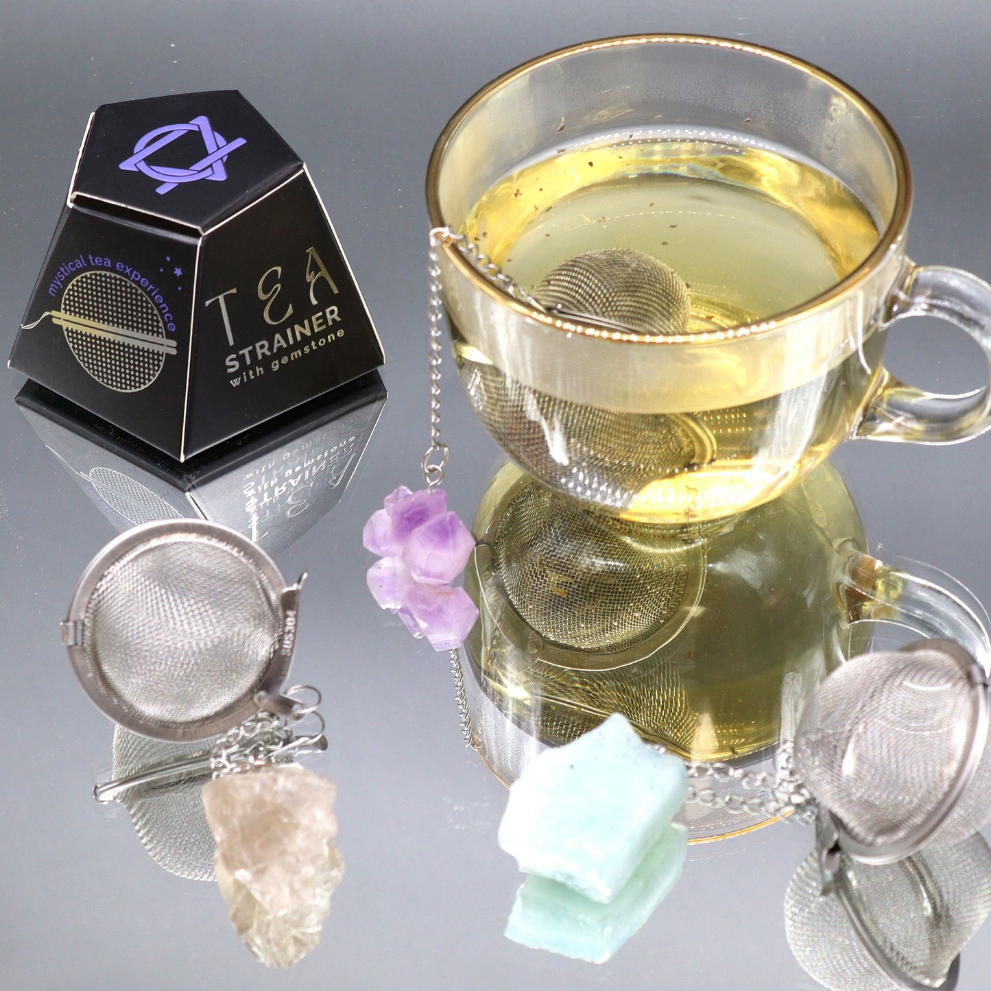 Colador de té de piedras preciosas de cristal crudo - Rainbow Moonstone